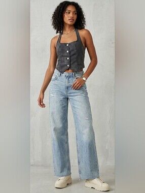 ELLEVEN Grey Denim Halter Vest Cropped Top Smocked Back - Size Medium NWT